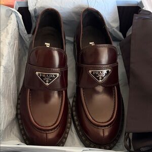 Prada Women's Triangle Logo Loafers Spazzolato Leather Dark Burgundy